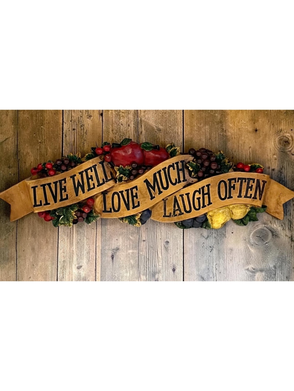 Live Well Love Much Laugh Often Fruit Resin Wall Plaque Kitchen Decor 16.5”